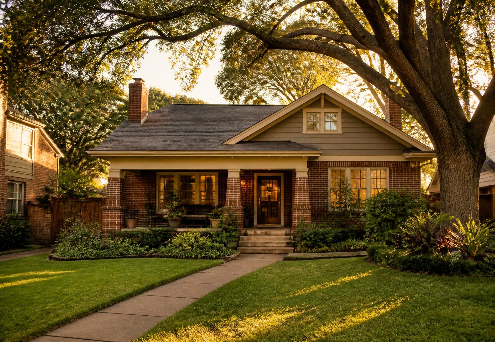 A brick Houston bungalow with mature oak trees in warm evening light