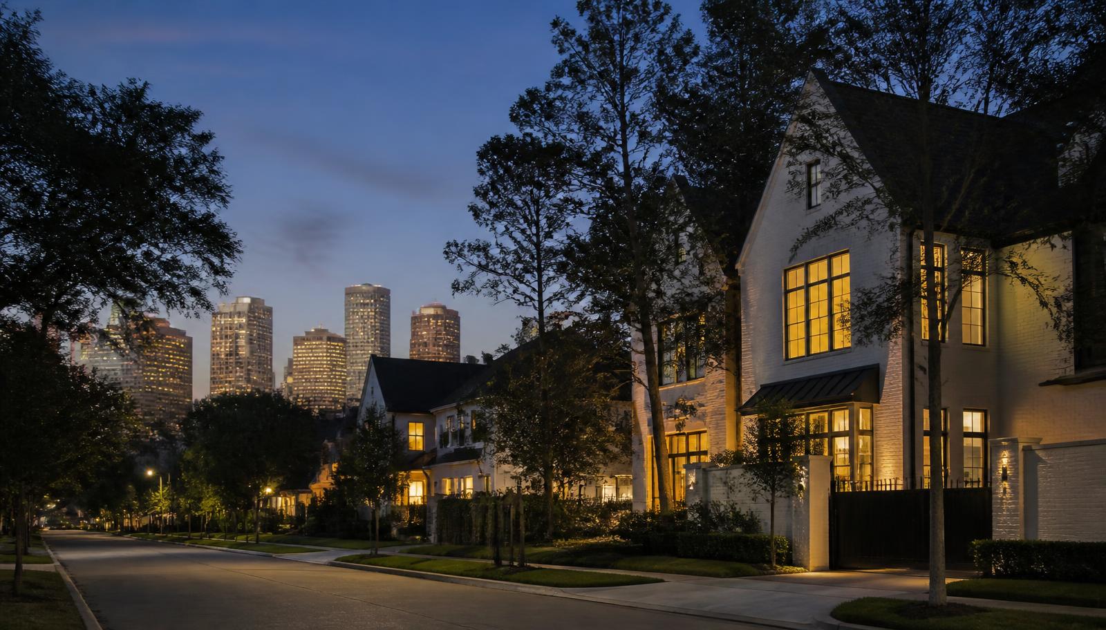 A quiet Houston residential street at dusk with the downtown skyline in the distance